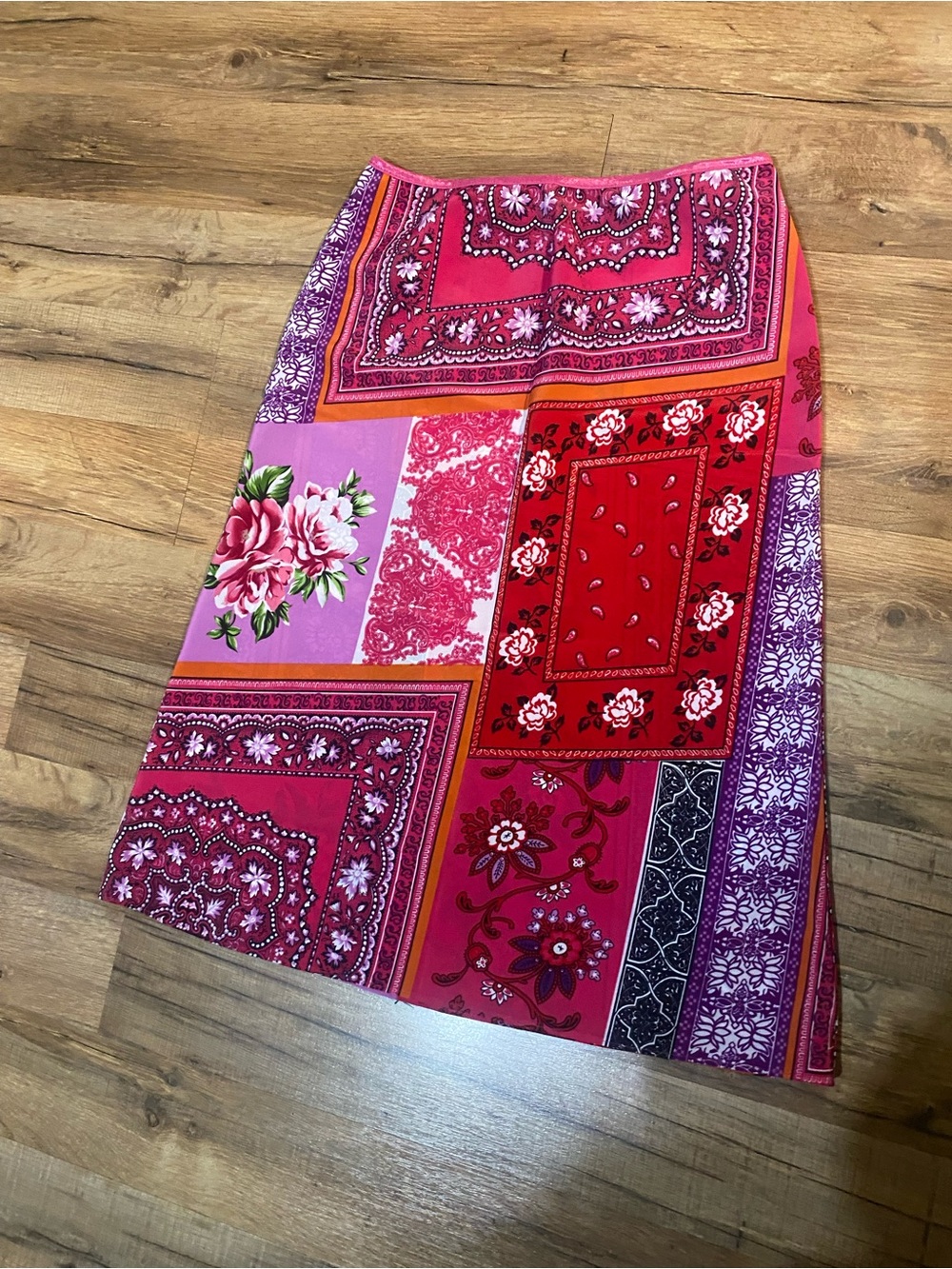 Y2K Vibrant Patchwork Floral Midi Skirt in Pink & Red